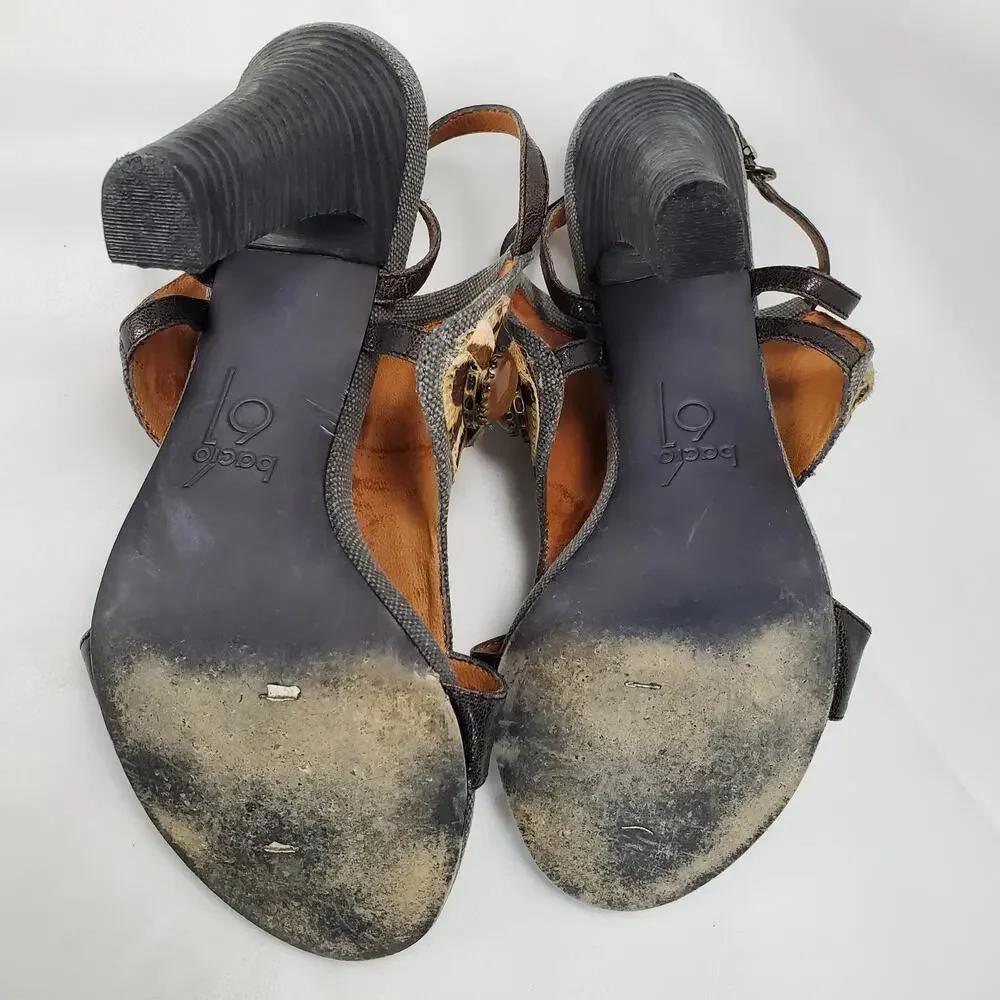 Bacio 61 Italian Leather Sling Back Sandals Size 9 Jewel Top Leopard Stack Heel